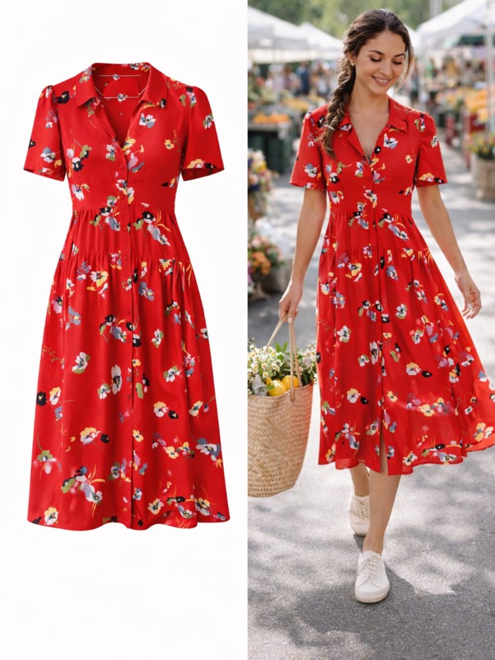 Red Floral Button-Front Midi Dress